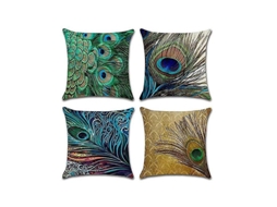 Conjunto De 4 Capas De Almofada Decorativas Em Algodão E Linho Com Penas De Pavão 45 X 45 Cm