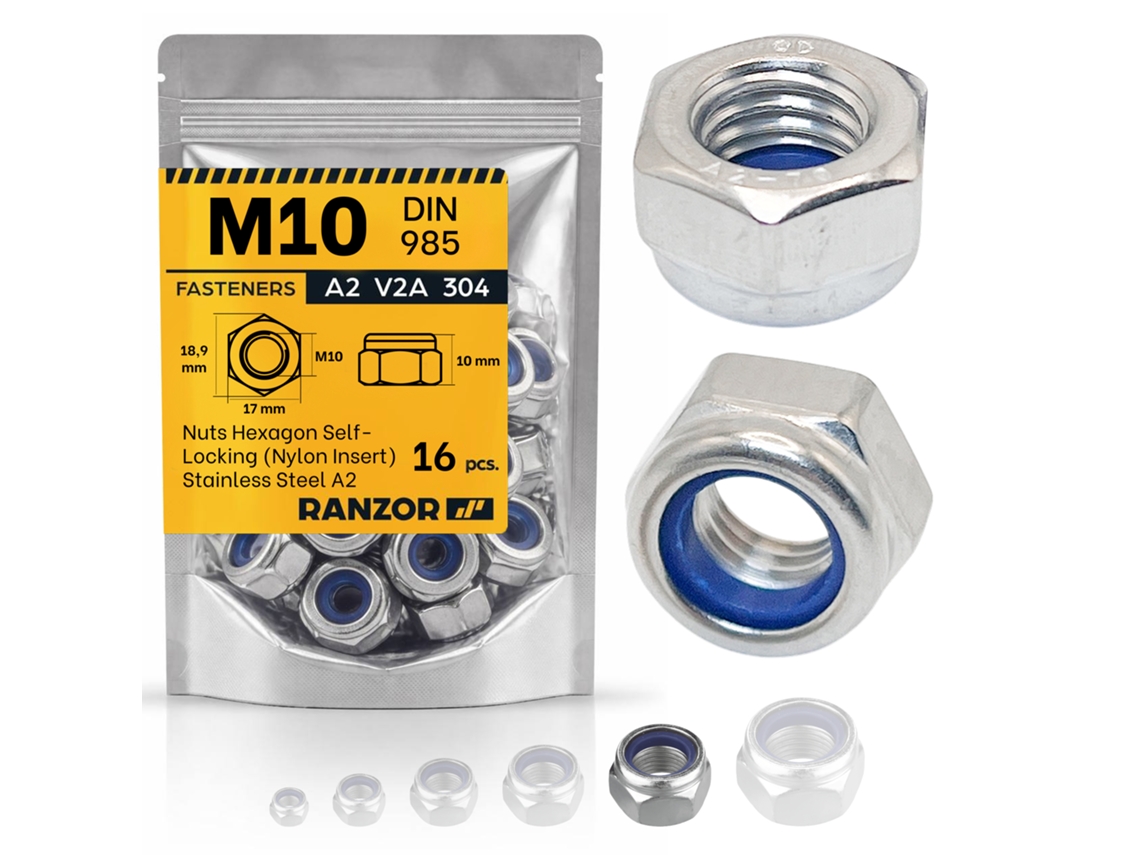 Porca Autoblocante Inox A2 Din 985 M10 (16 Un.) Ranzor | Hex Lock Nut Stainless Steel Aisi 304