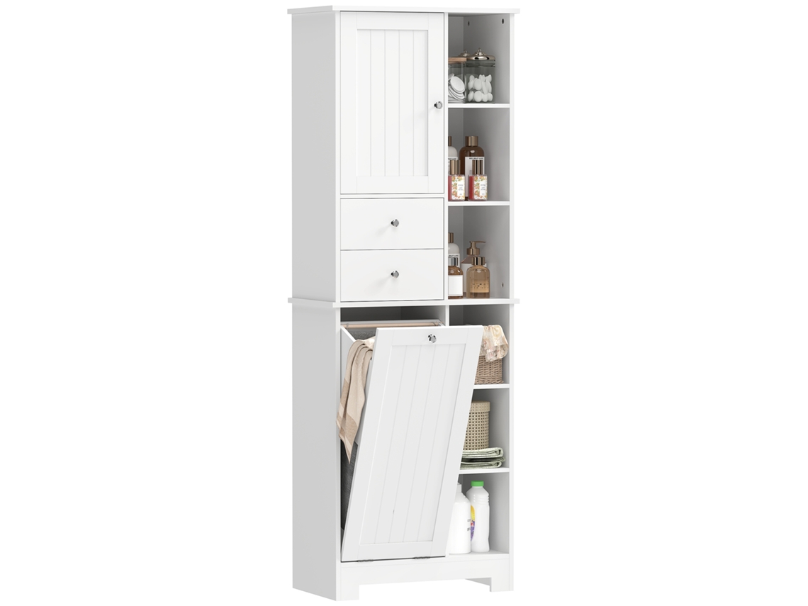 Armadietto da Bagno Bianco com Cesto Biancheria Inclinável e Gavetas BTFORUS