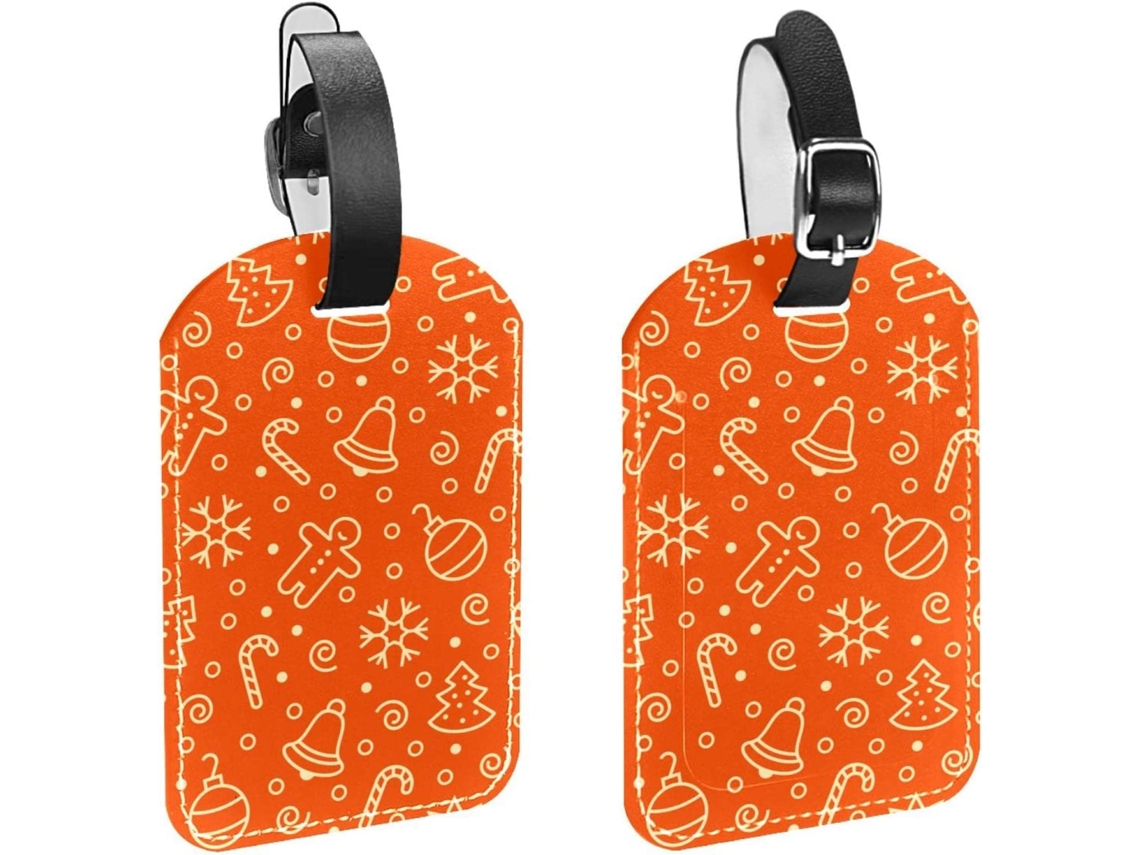 Conjunto De 2 Etiquetas Bagagem Em Couro Pu Com Estampa Natalina, Laranja