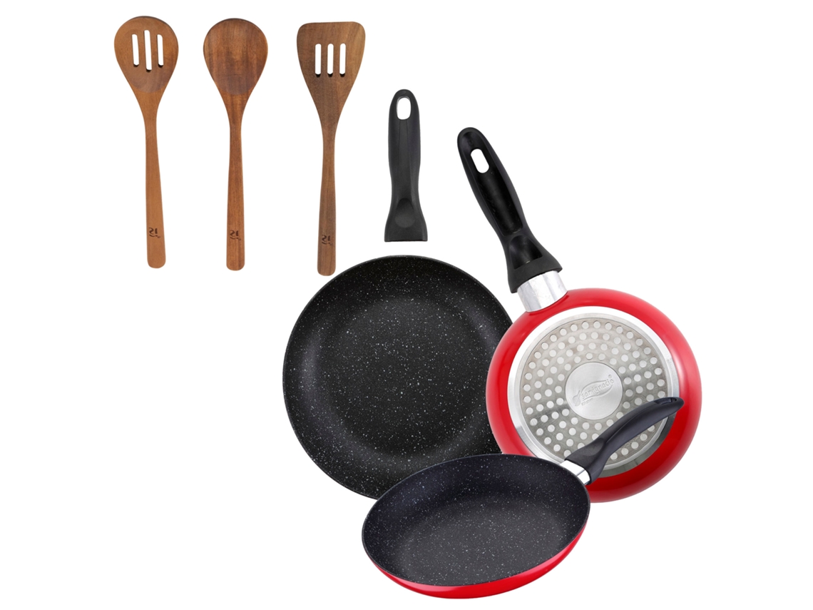 Jogo De 3 Frigideiras Bergner Em Mármore Vermelho Marinho, Ø16ø20ø24cm, Com Utensílios De Cozinha.