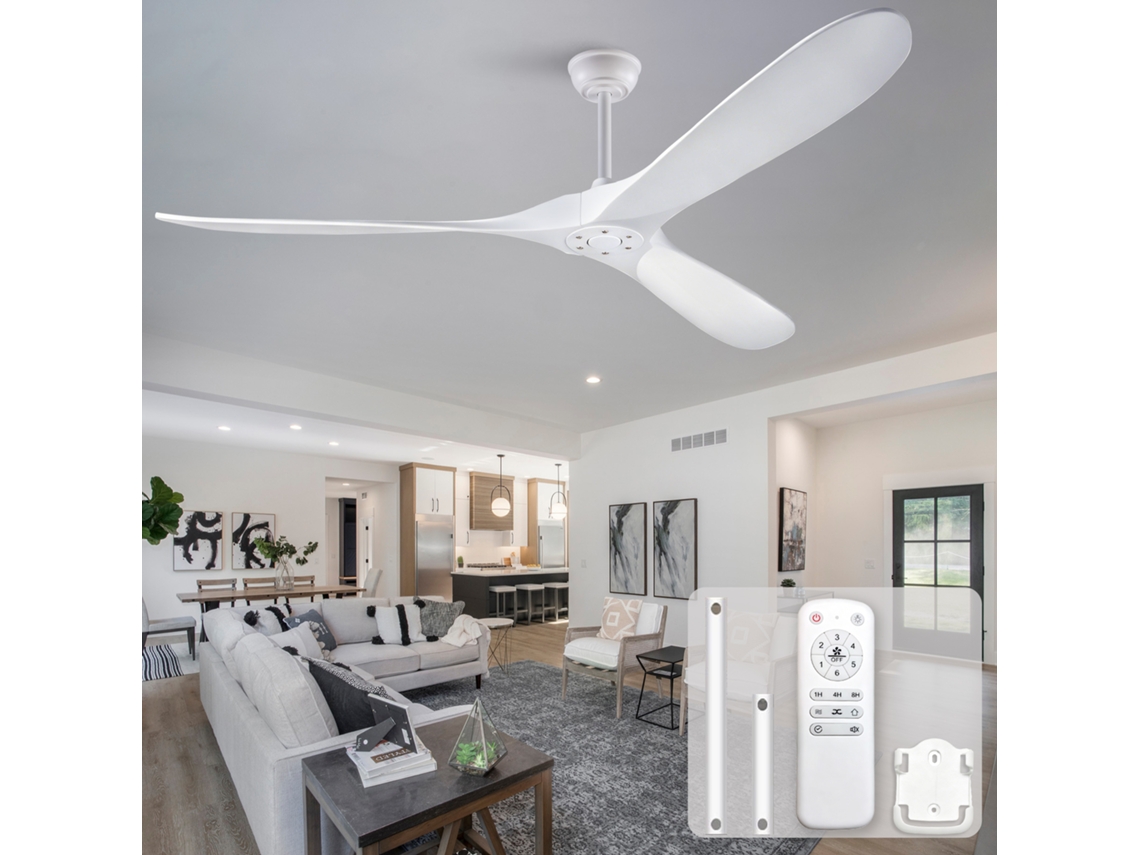 Ventilador De Teto Branco 70 Polegadas Sem Luz, Três Pás De Madeira, Controlo Remoto E Seis Velocidades Reversíveis