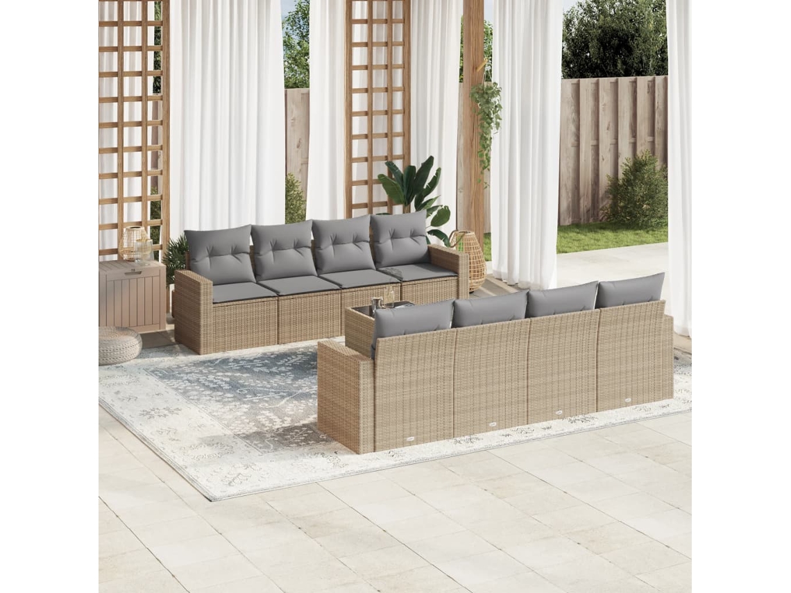 Vidaxl 9 Pcs Conjunto De Sofás P/ Jardim Com Almofadões Vime Pe Bege