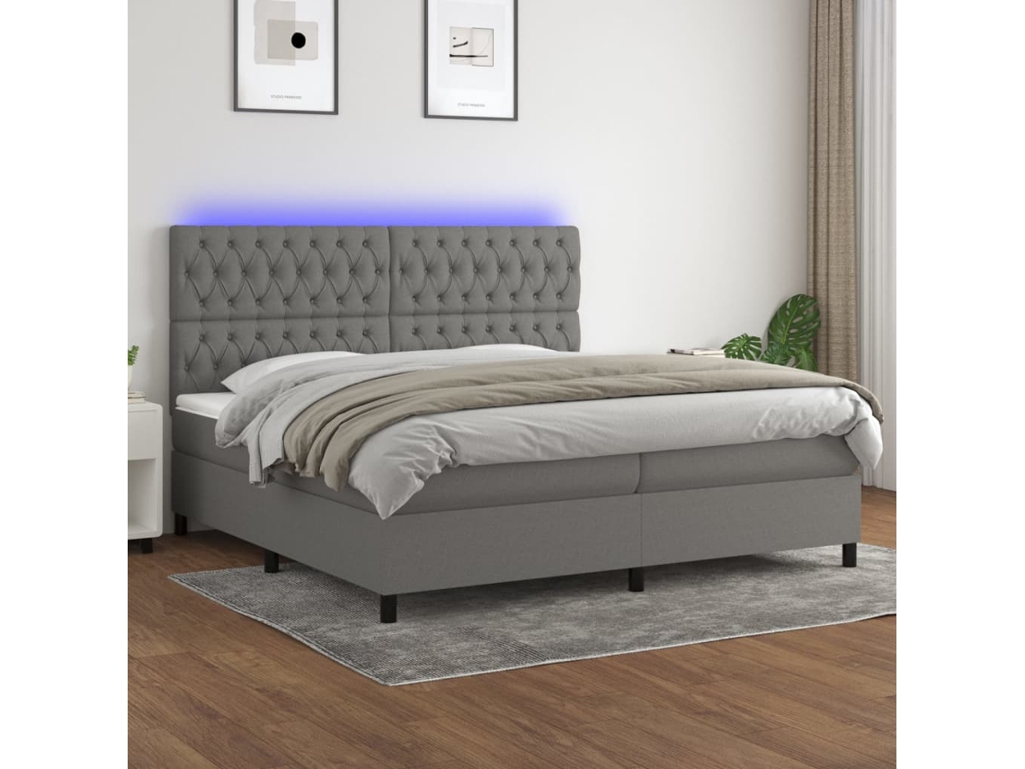 Vidaxl Cama Box Spring C/ Colchão E Led 200x200 Cm Tecido Cinza-escuro