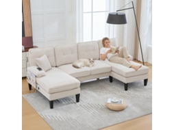 Sofá U 4 Lugares Linho Chaise Longue Bege Sala Estar VOLTEDGE