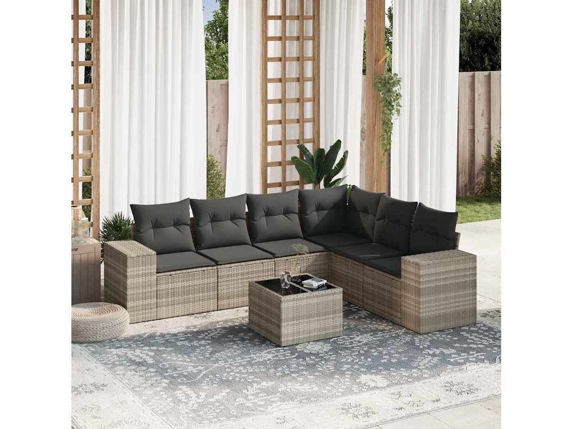 Vidaxl 7 Pcs Conj. Sofás Jardim Com Almofadões Vime Pe Cinzento-claro