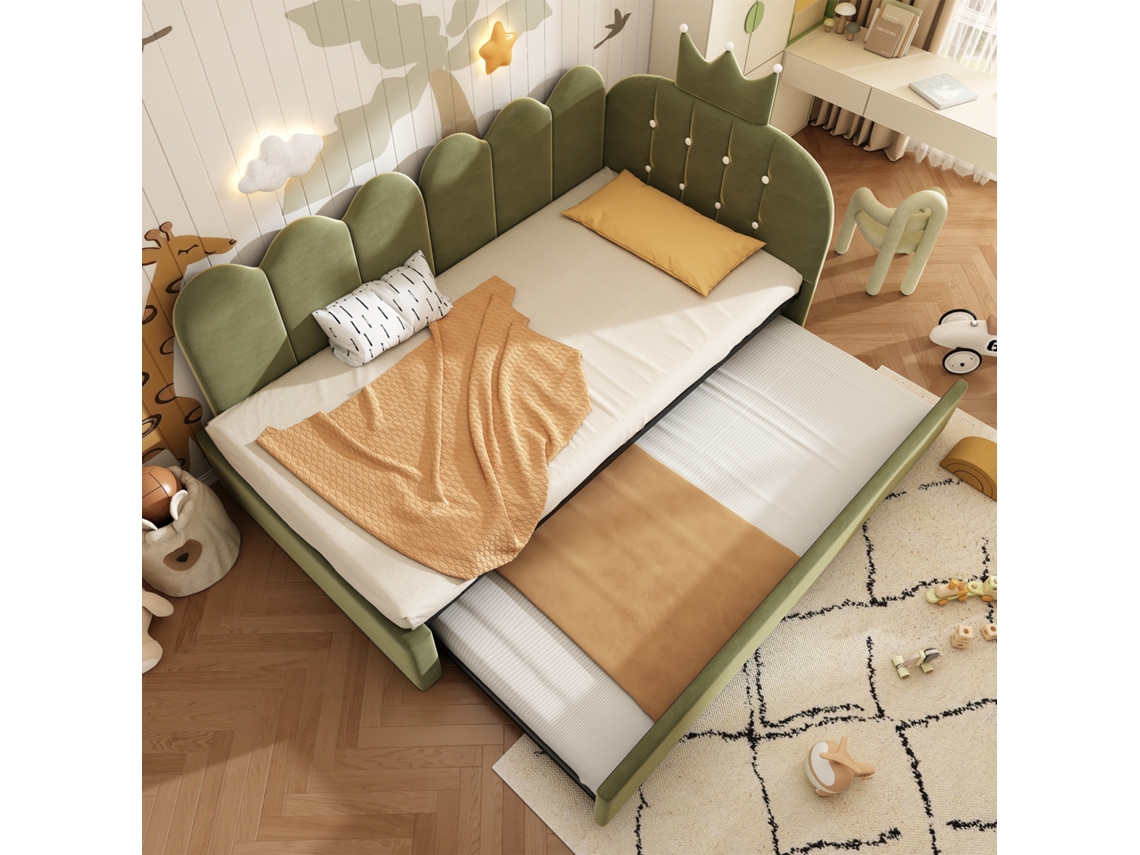 Sofá cama 90x200 cm em veludo verde com cama auxiliar 90x190 cm, design coroa, ideal para quarto infantil ou hóspedes, sem colchão VSOGA