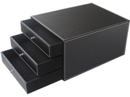 Organizador de Mesa Amosfun Três Camadas em Couro Preto com Estrutura Madeira, Caixa Armazenamento para Joias