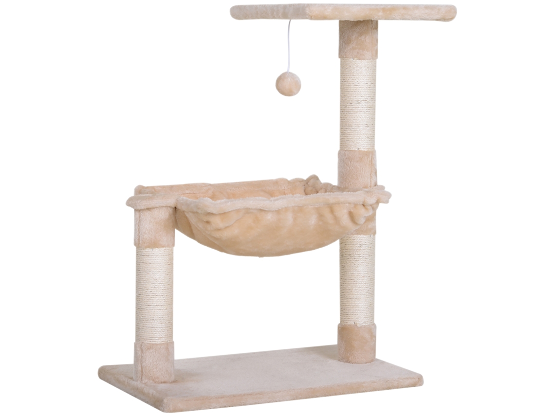 Árvore Arranhador Torre 50x36x70 Cm Com Rede Plataforma Poste De Sisal E Bola Suspensa Bege