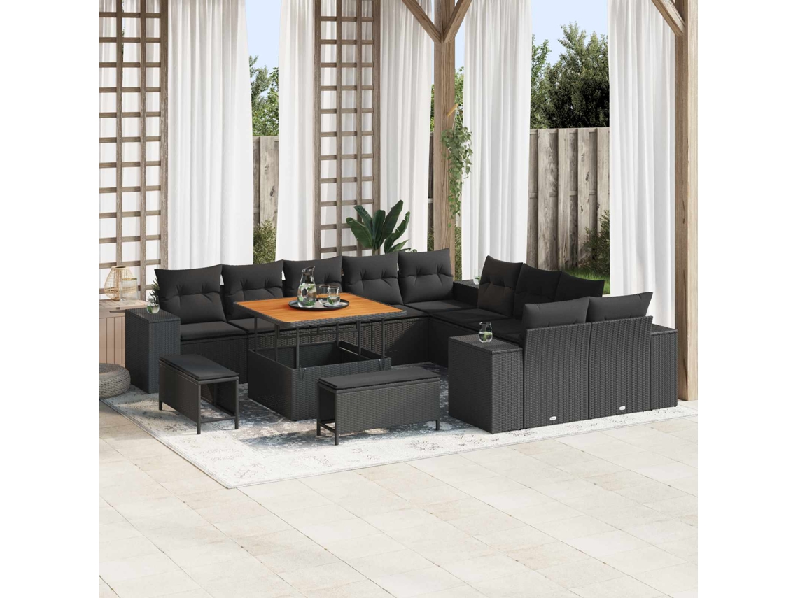 Vidaxl Conjunto De Sofá De Jardim Com Almofada 13 Pcs Preto Vime Pe