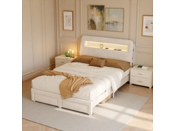 Cama Casal 140x200 Veludo Bege Led Usb Gavetas Compartimentos Cabeceira Luxo Francês Nórdico Inteligente P/ Apto Pequeno