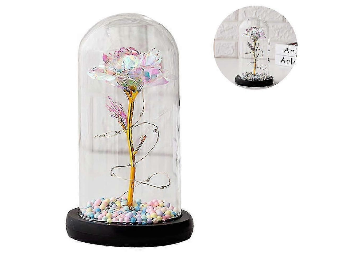 Rosa em jarro, cúpula de vidro com rosa de seda e luz LED sobre base de madeira - Estilo 1