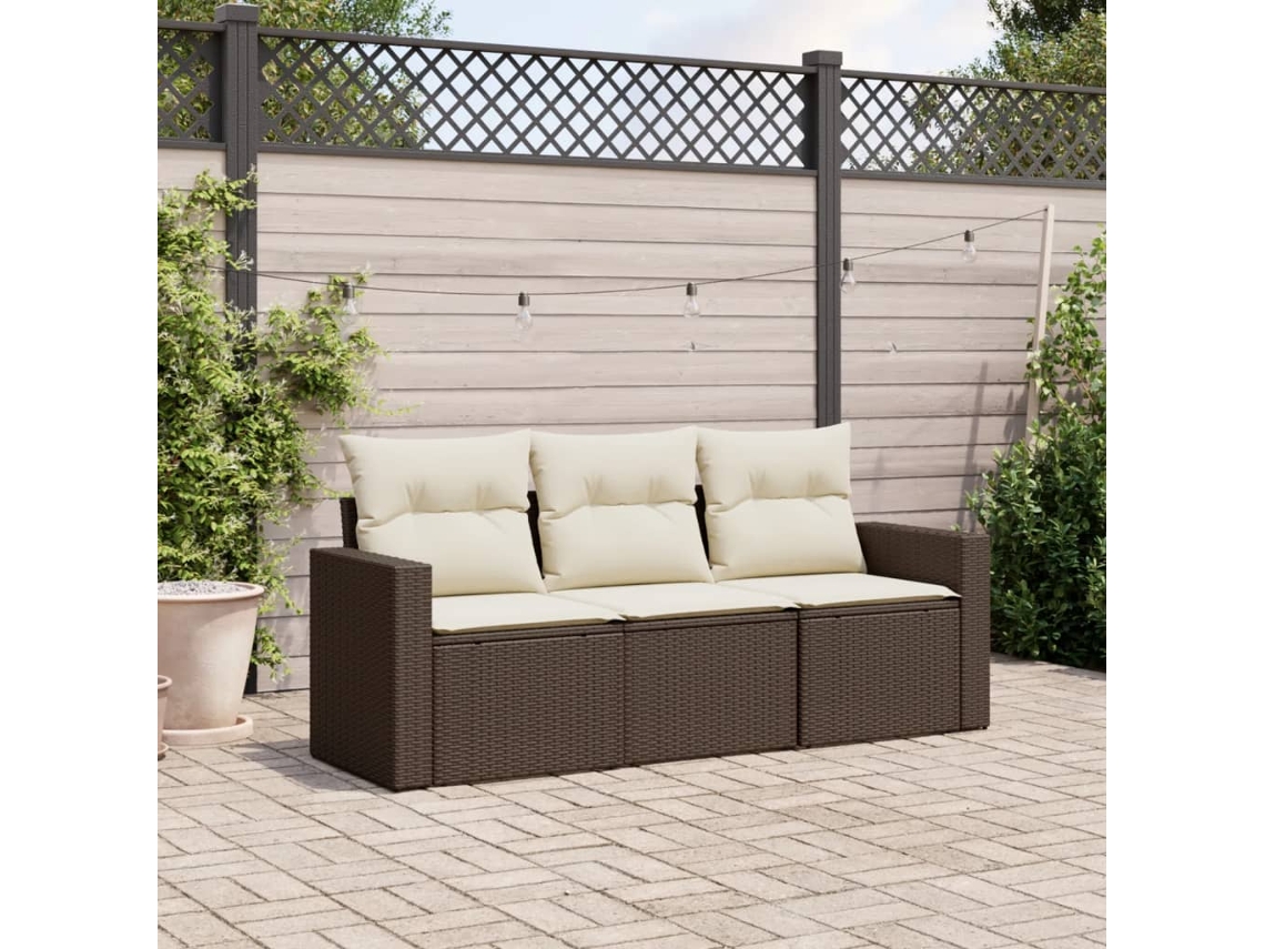 Conjunto 3 Peças Sofás De Jardim Com Almofadões Vime Pe Marrom Dkd Home Decor