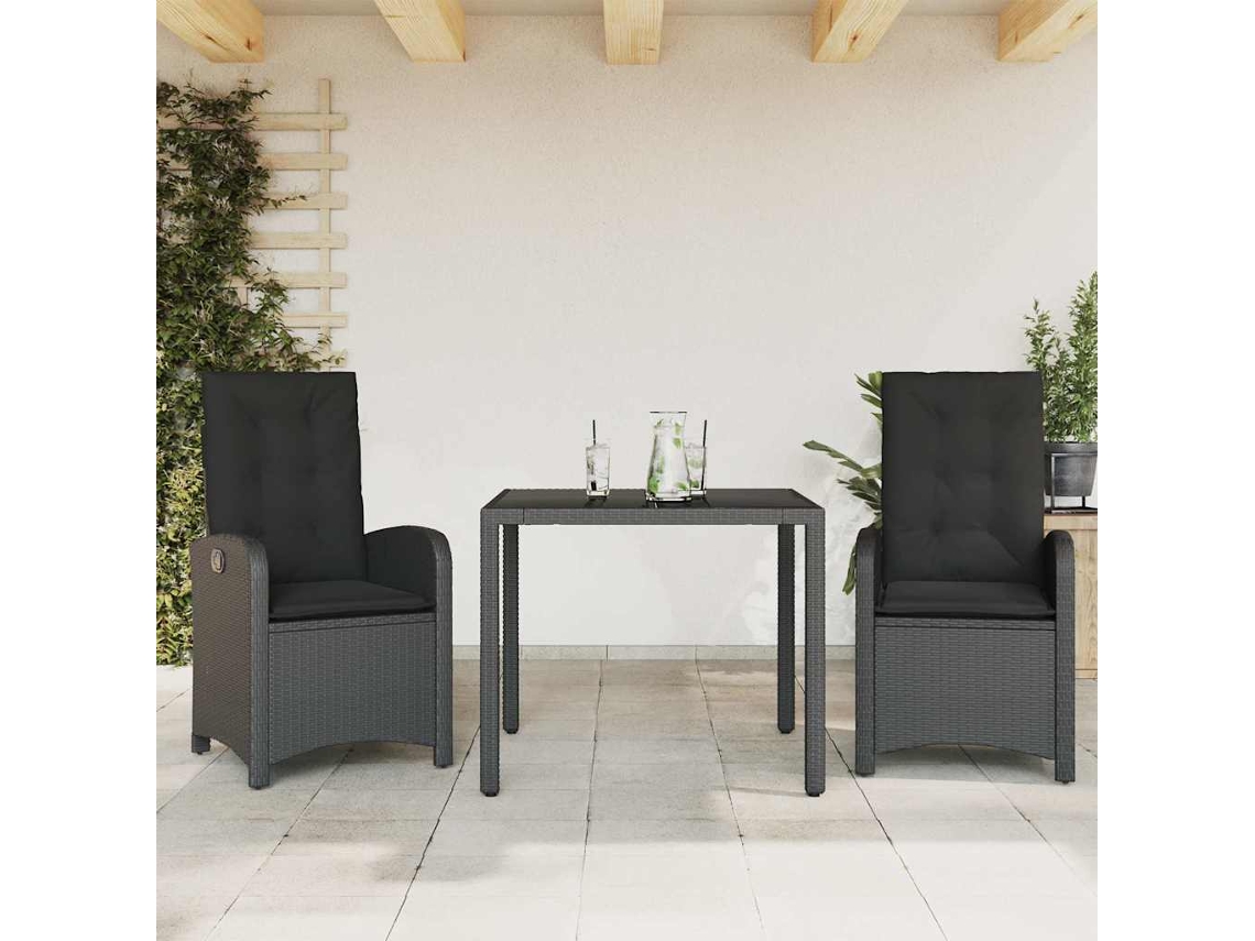 Vidaxl 3 Pcs Conjunto De Jantar P/ Jardim C/ Almofadões Vime Pe Preto