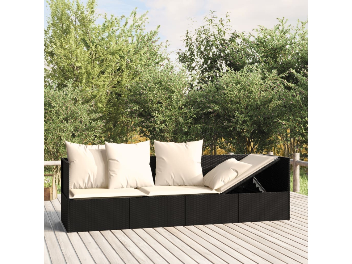 Vidaxl Sofá Lounge De Exterior Com Almofadões Vime Pe Preto