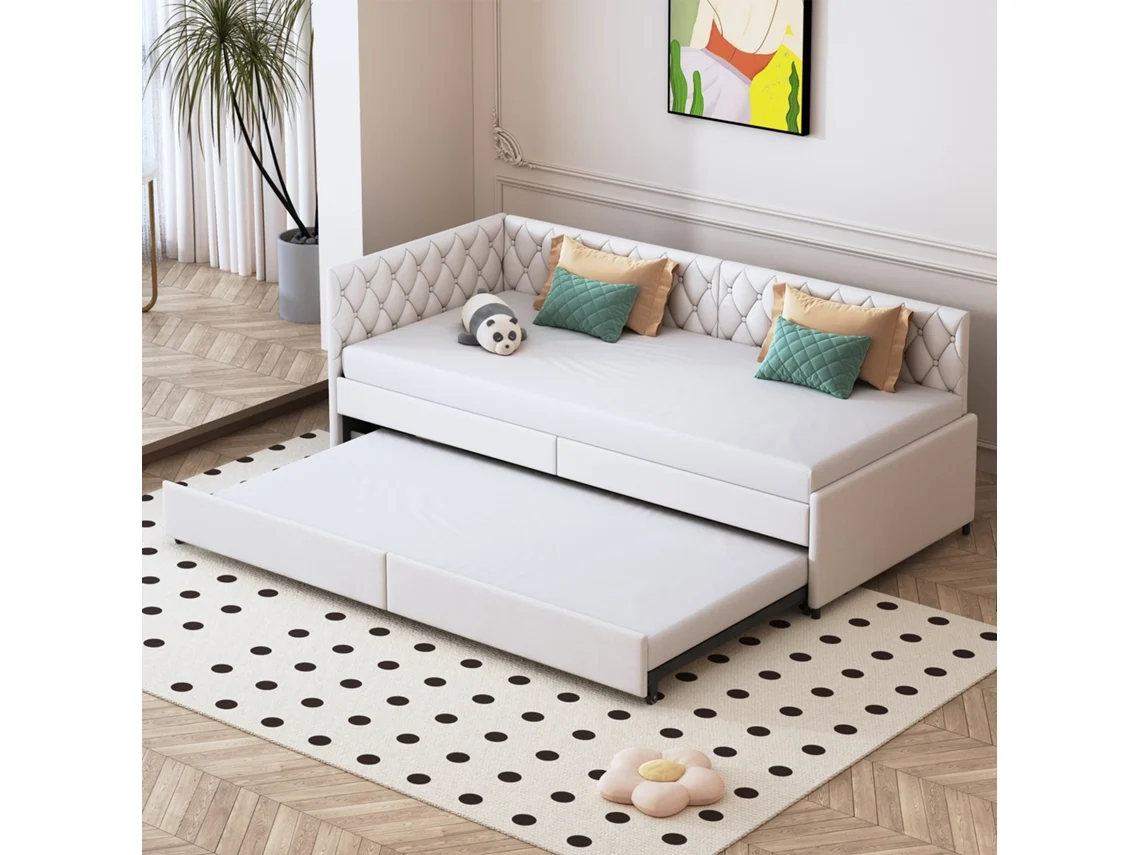Sofá-cama De 2 Lugares 90x200 Cm, Estofado E Convertível Com Base De Ripas, Sofá Extensível E Convertível, Colchão Não Incluído, Bege