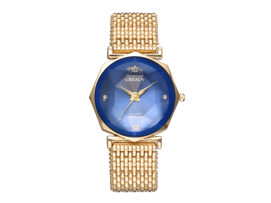 Relógio de Pulso Feminino de Liga com Quartzo e Strass Esfera Dourada Azul