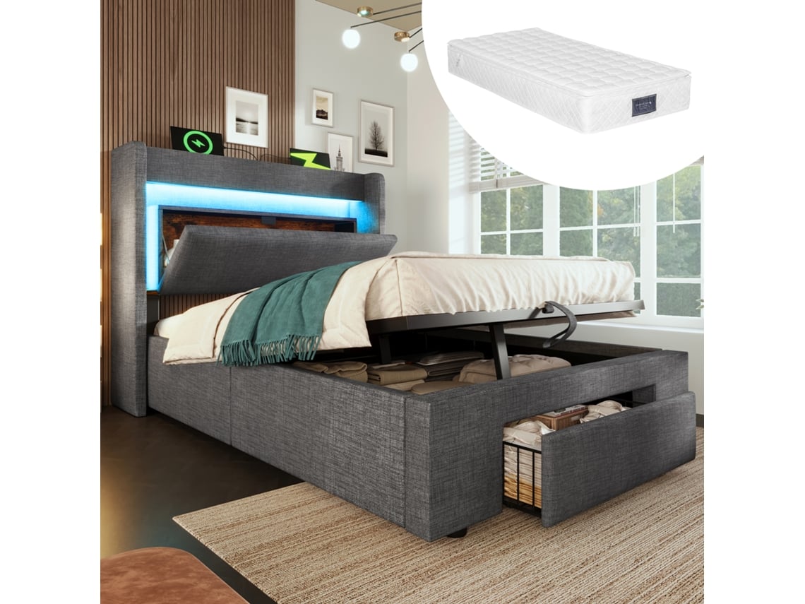 Cama Solteiro 90x200 cm com Compartimentos Laterais, USB, Tecido Chenille ZKAKA