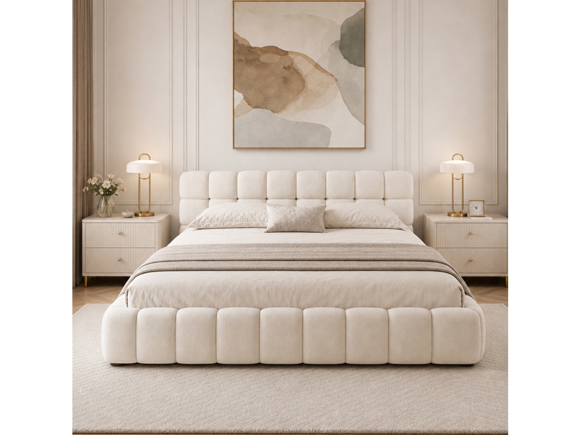 Cama Bubble 140x200cm, cama de casal estofada com cabeceira almofadada e base de ripas, sem colchão, tecido de linho, bege, Simurq