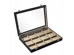 Caixa De Jóias De Vários Compartimentos Com Tampa De Vidro Couro Orgânico 35 X 24 X 5 Cm Preto
