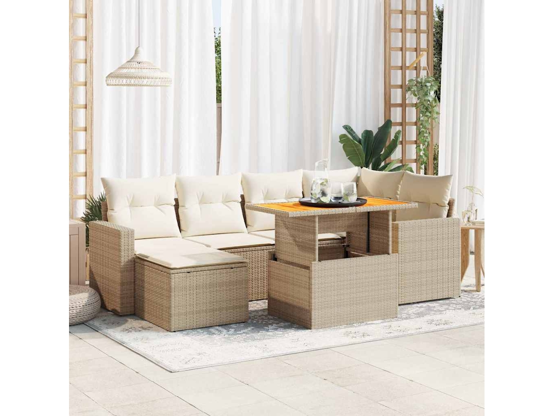 Vidaxl 7 Pcs Conjunto De Sofás P/ Jardim Com Almofadões Vime Pe Bege