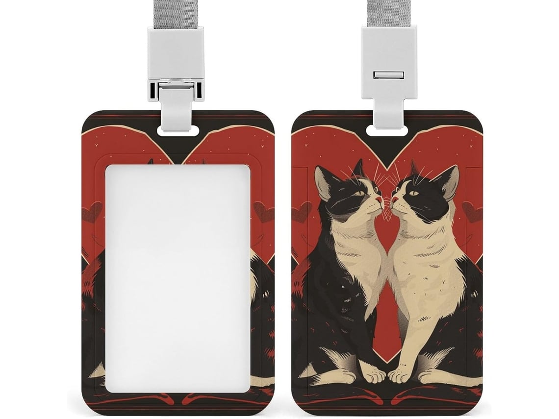 Porta-gatos Crachá com estampa de dois gatos e um coração, capa protetora vertical com cordão, armazenamento em plástico impermeável.