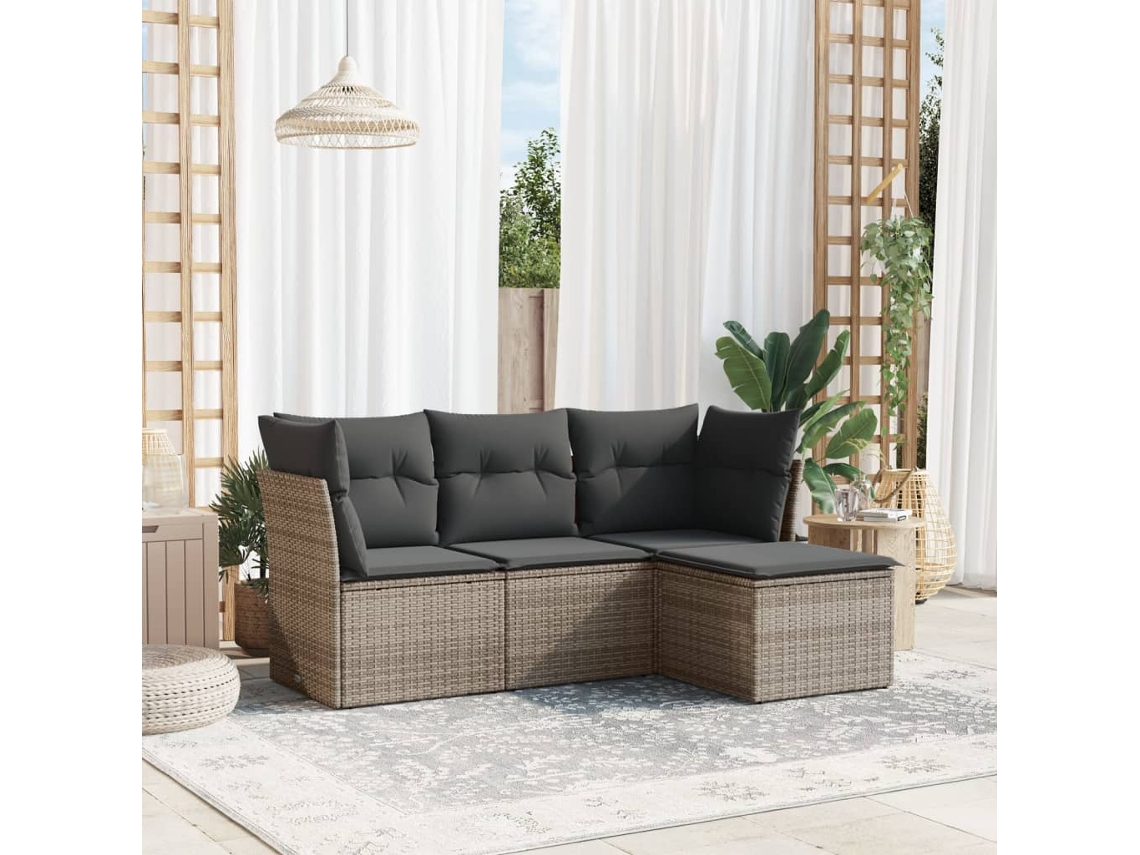 Vidaxl 4 Pcs Conjunto Sofás De Jardim C/ Almofadões Vime Pe Cinzento