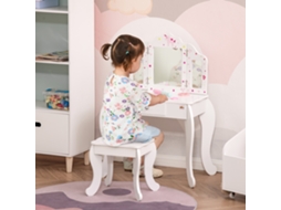 Mesa de Maquiagem Infantil com Banquinho, Espelho Triplo e Gaveta Deslizante Mesa de Maquiagem Dim. 63l X 40l X 85,5h Cm