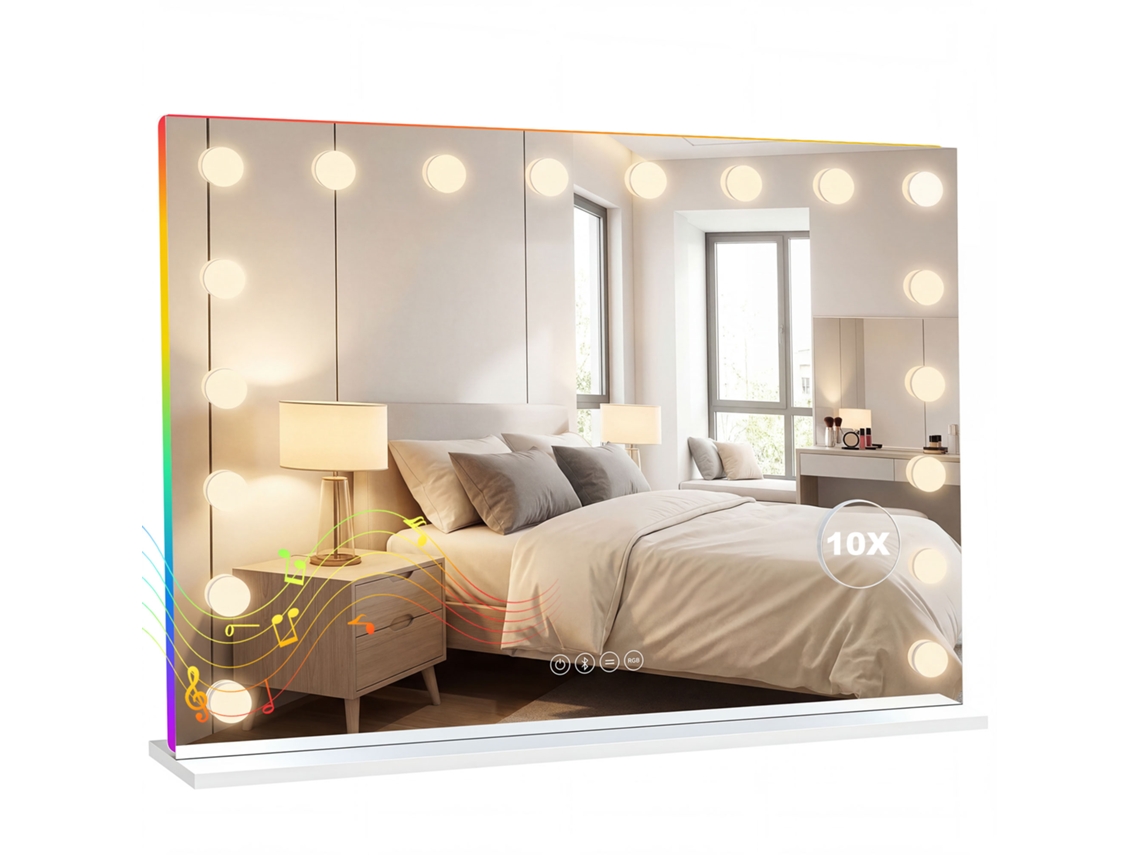 Espelho de Maquiagem com 18 LEDs, Luz RGB, Alto-falante Bluetooth Branco