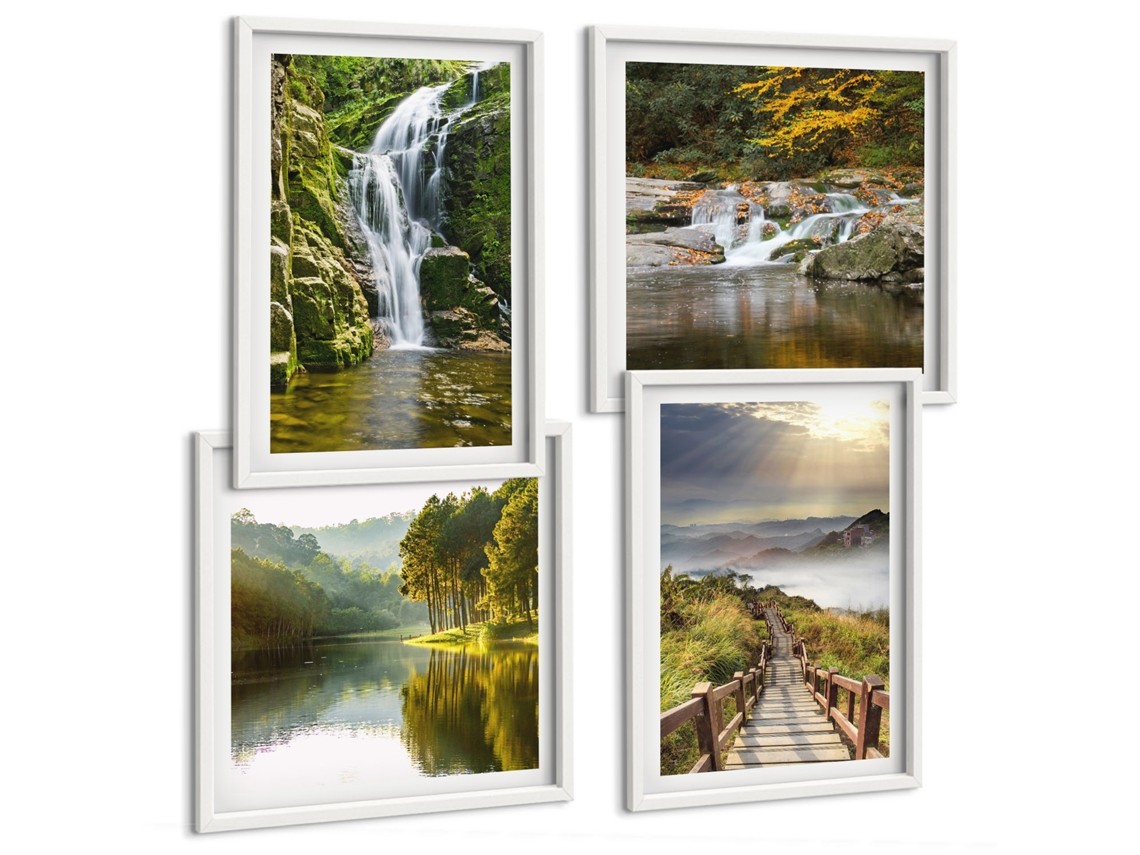 Composição De Quadros Cachoeiras, Montanhas, Nuvens, Outono Moldura Branca Pinturas De Quarto Espelharte (conjunto De 4 Imagens)