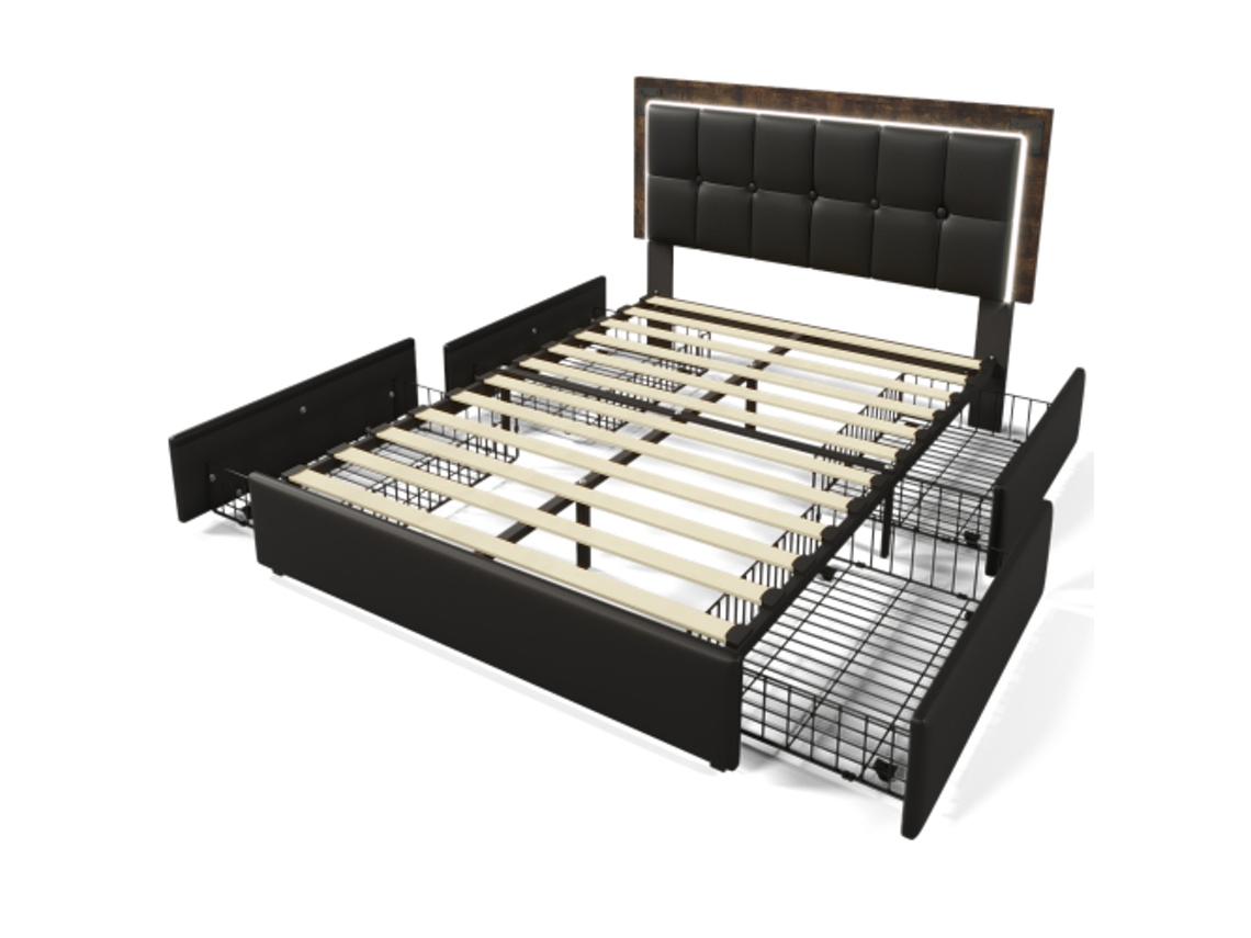 Estrutura de Cama DELCOND com Faixa de Iluminação Led, 4 Gavetas, Casal Estofada 160x200cm, Cabeceira Ajustável (com Colchão)