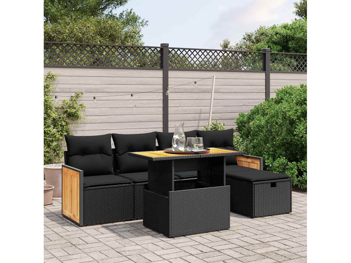 Vidaxl 6 Pcs Conjunto Sofás De Jardim C/ Almofadões Vime Pe Preto