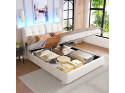 Cama Estofada 140x200 Cm com Arrumação, Cama Dupla Hidráulica com Led, Cama Funcional com Cabeceira e Estrado, Offwhite  Flanela BURSDANY