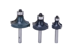 Conjunto de 3 brocas rotativas com borda arredondada e mandril de 1/4" para afiar madeira.