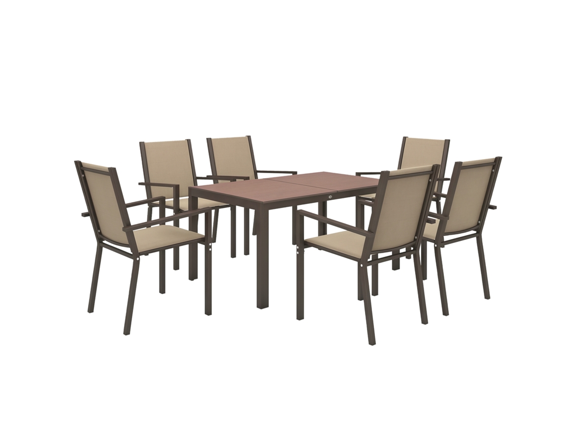 Conjunto Jardim 7 Peças Em Plástico, 6 Cadeiras Empilháveis E Mesa Retangular, Cáqui E Marrom