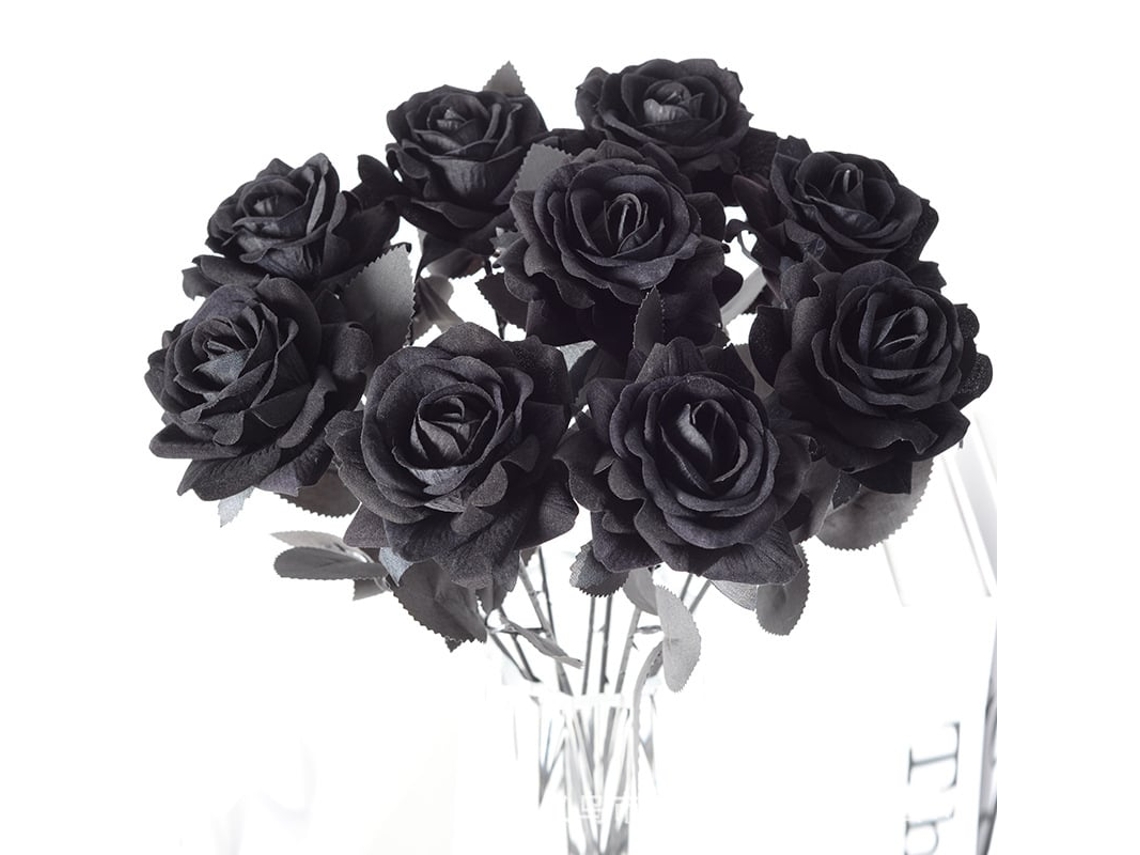 Buquê com 12 Rosas Artificiais de Seda, Hastes de 50 Cm, para Decoração de Mesas Festa e Casa, Cor Preta BRILVIBERA