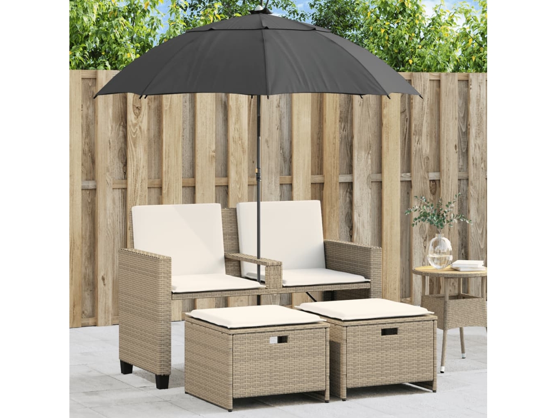 Vidaxl Sofá De Jardim 2 Lugares Com Guarda-sol Bancos Vime Pe Bege