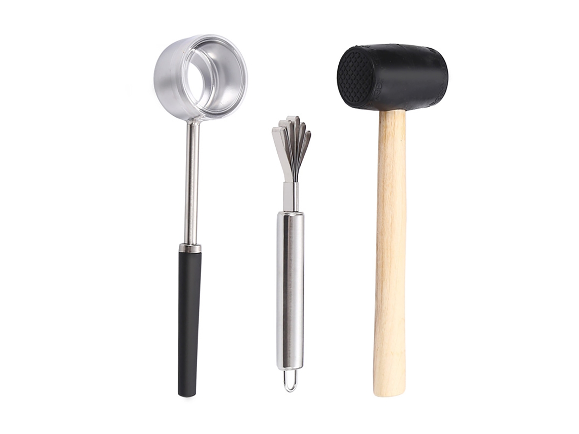 Conjunto de Ferramentas para Abrir Coco em Aço Inoxidável com Martelo e Raspador