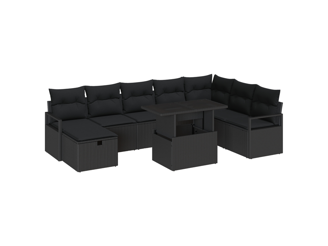 Conjunto 9 De Sofá De Jardim De Vidaxl Com Almofadas Rattan Poliéster Preto  Preto Vime Pe