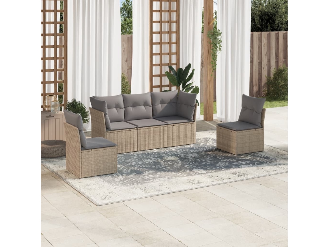 Vidaxl 5 Pcs Conjunto De Sofás P/ Jardim Com Almofadões Vime Pe Bege
