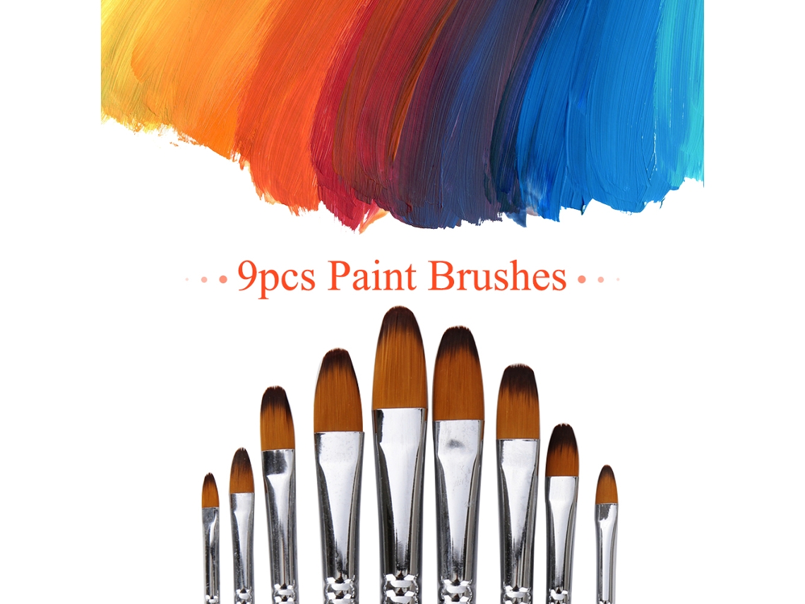 Conjunto de 9 Pincéis Profissionais com Cabo de Madeira Longo Cabelo de Náilon para Acrílico Aquarela Óleo Gouache Ponta Filbert | S/MARCA