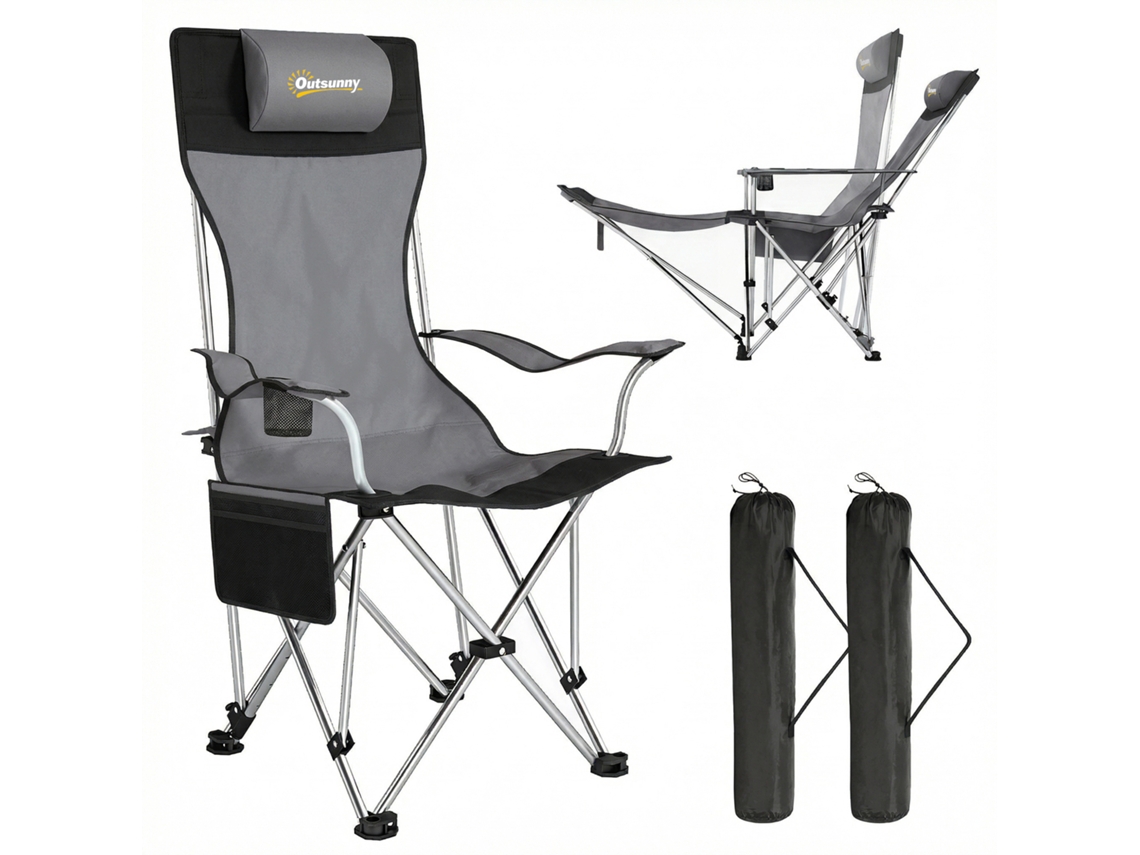 Conjunto de 2 Cadeiras de Camping Dobráveis com Apoio para os Pés e Porta copos, 82x50/100x88 cm, Cinza E TOWN COMMERCE GMBH
