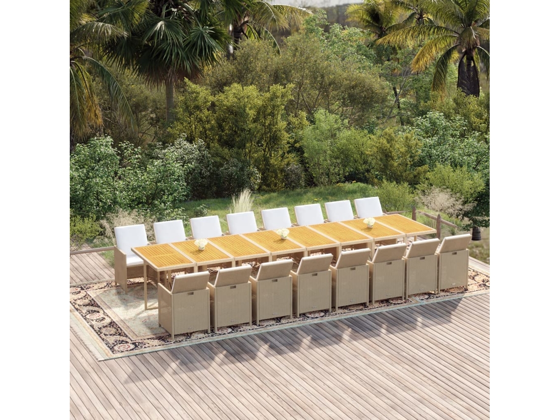 Vidaxl 17 Pcs Conjunto De Jantar P/ Jardim C/ Almofadões Vime Pe Bege