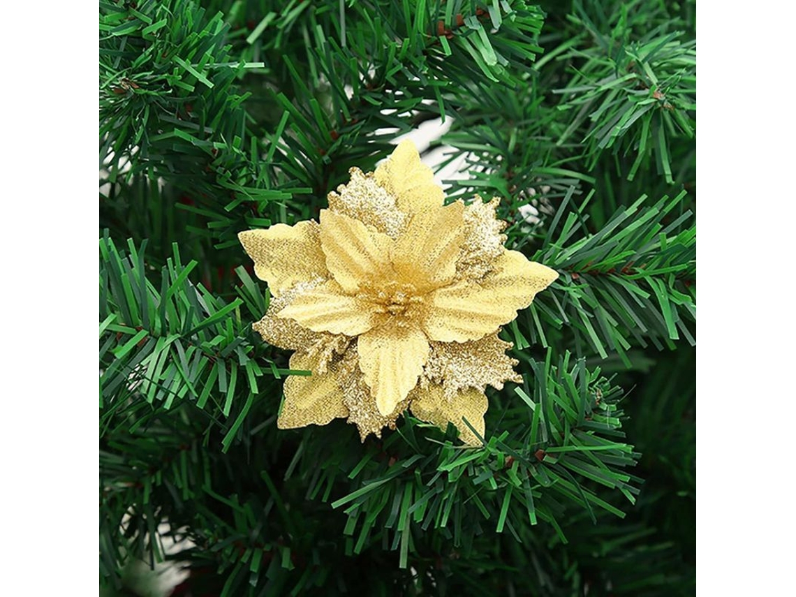 Conjunto de 12 Flores Artificiais Poinsettia Dourada com Glitter | S/MARCA
