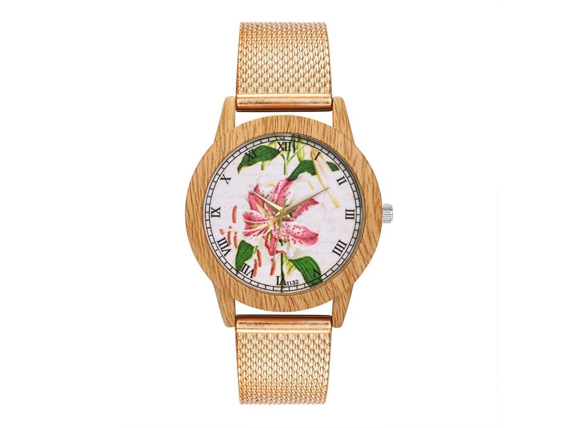 Relógio de quartzo unissex Zhoulianfa com pulseira de silicone, estampa floral, cor ouro rosa.