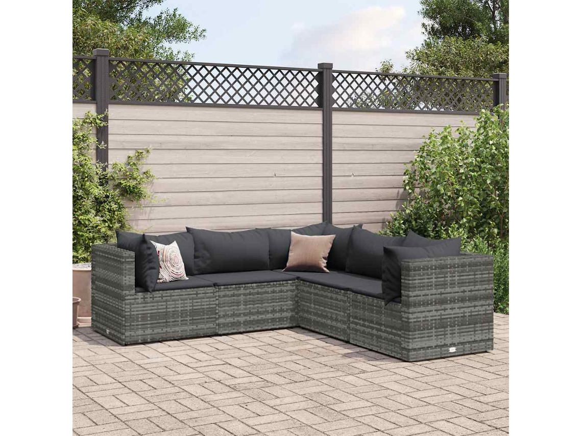 Vidaxl 5 Pcs Conjunto Lounge De Jardim C/ Almofadões Vime Pe Cinzento
