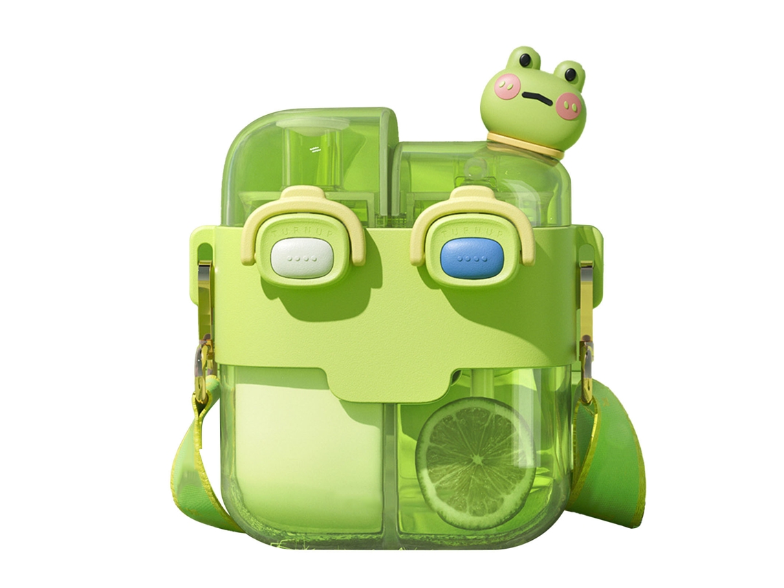 Garrafa de Água Dupla Kawaii de Plástico com Canudo e Alça Ajustável para Esportes Ao Ar Livre Lima 530ml | S/MARCA