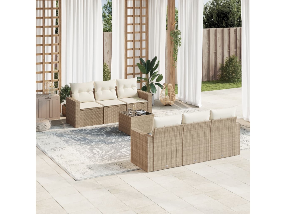 Vidaxl 7 Pcs Conjunto De Sofás P/ Jardim Com Almofadões Vime Pe Bege