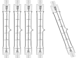 Kit com 5 lâmpadas halógenas lineares Lurelia R7s 200w 230v 2700k 118mm, dimerizáveis, sem fita isolante, cápsula transparente, para uso interno.