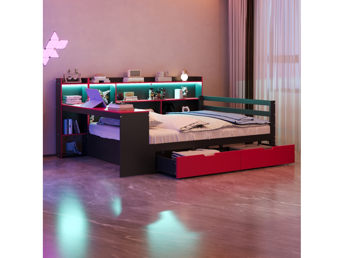 Sofá Cama Madeira 140x200cm Escrivaninha Estante Iluminação Tomadas Preto Vermelho